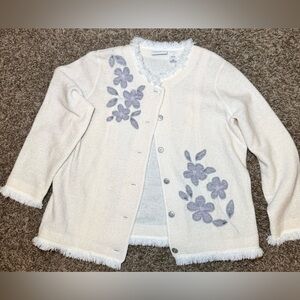 Alfred Dunner Cream Wool Button Up Cardigan Gray Floral Pearls Fringe SZ LG